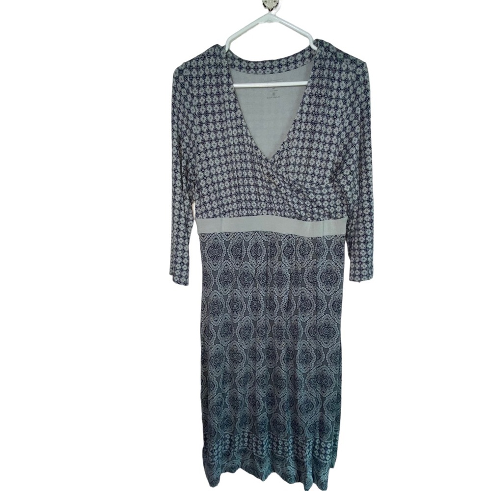 Athleta Modal Wrap Dress Blue Gray Print 3/4 Sleeve Stretch Midi